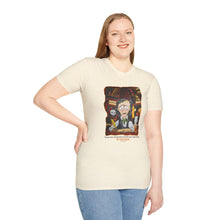 Load image into Gallery viewer, POE FOREVERMORE™ Edgar Allan Poe With Books &quot;I became insane...&quot; Artwork By Mark Redfield Unisex Softstyle Light Color T-Shirt
