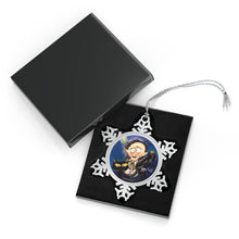 Load image into Gallery viewer, Pewter Snowflake Ornament - Edgar Allan Poe with Raven and Black Cat - Art by Mark Redfield Holiday Ornament
