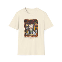 Load image into Gallery viewer, POE FOREVERMORE™ Edgar Allan Poe With Books &quot;I became insane...&quot; Artwork By Mark Redfield Unisex Softstyle Light Color T-Shirt
