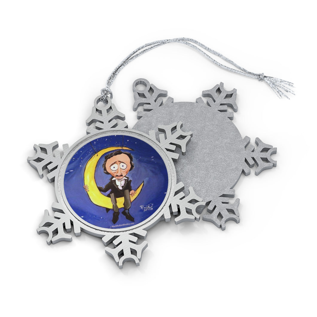 Pewter Snowflake Ornament - Edgar Allan Poe on the Moon - Art by Mark Redfield Holiday Ornament