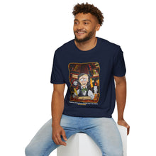 Load image into Gallery viewer, POE FOREVERMORE™ Edgar Allan Poe With Books &quot;I became insane...&quot; Artwork By Mark Redfield Unisex Softstyle T-Shirt
